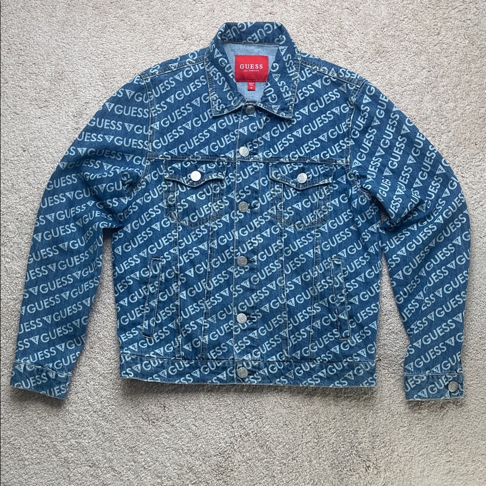 VINTAGE Guess‎ Logo Patterned Blue Denim Jacket